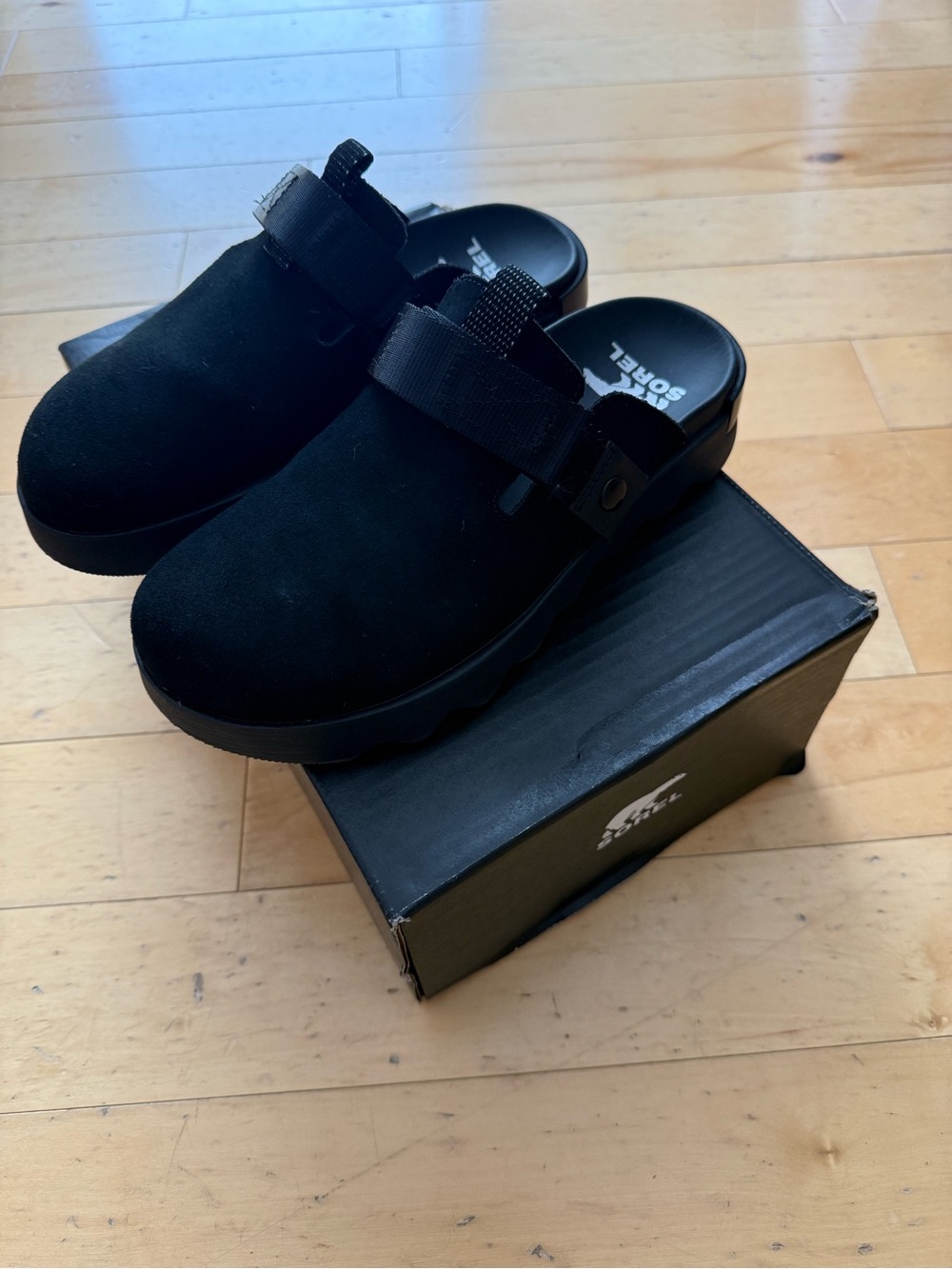 Sorel Black Suede Slip-On Clogs with Adjustable Strap NEVER WORN